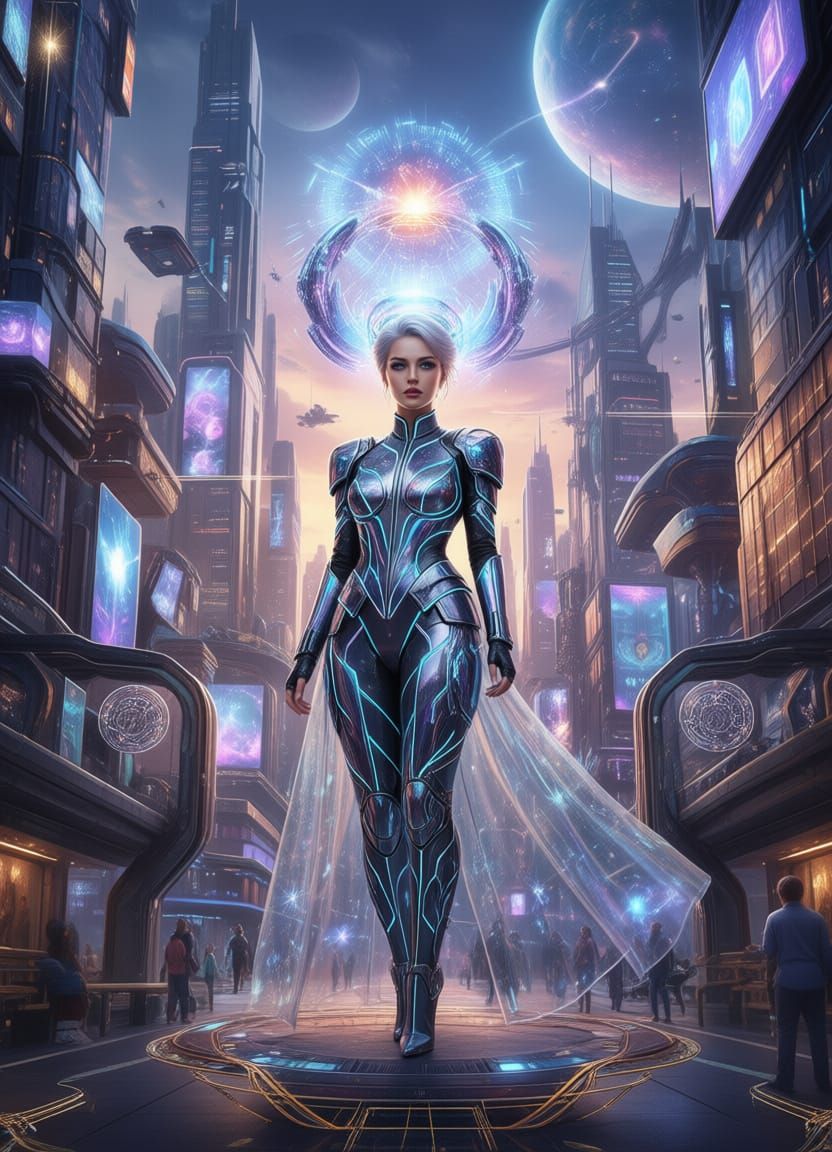 Ethereal Figure Meditating in Cosmic Glow as Art Nouveau Pai...