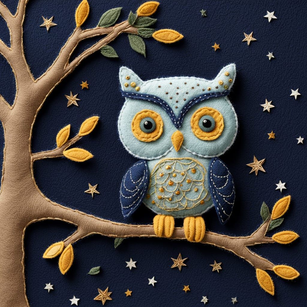 Folk Art Owl on Branch with Golden Stars