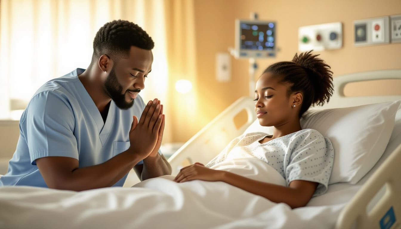 Man Prays for Healing Beside Peaceful Patient in Hospital