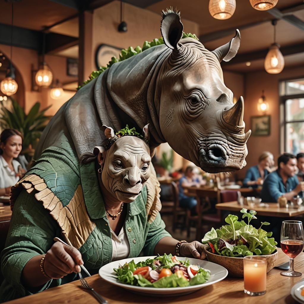Rhinoceros Woman at Restaurant: Vibrant Digital Art