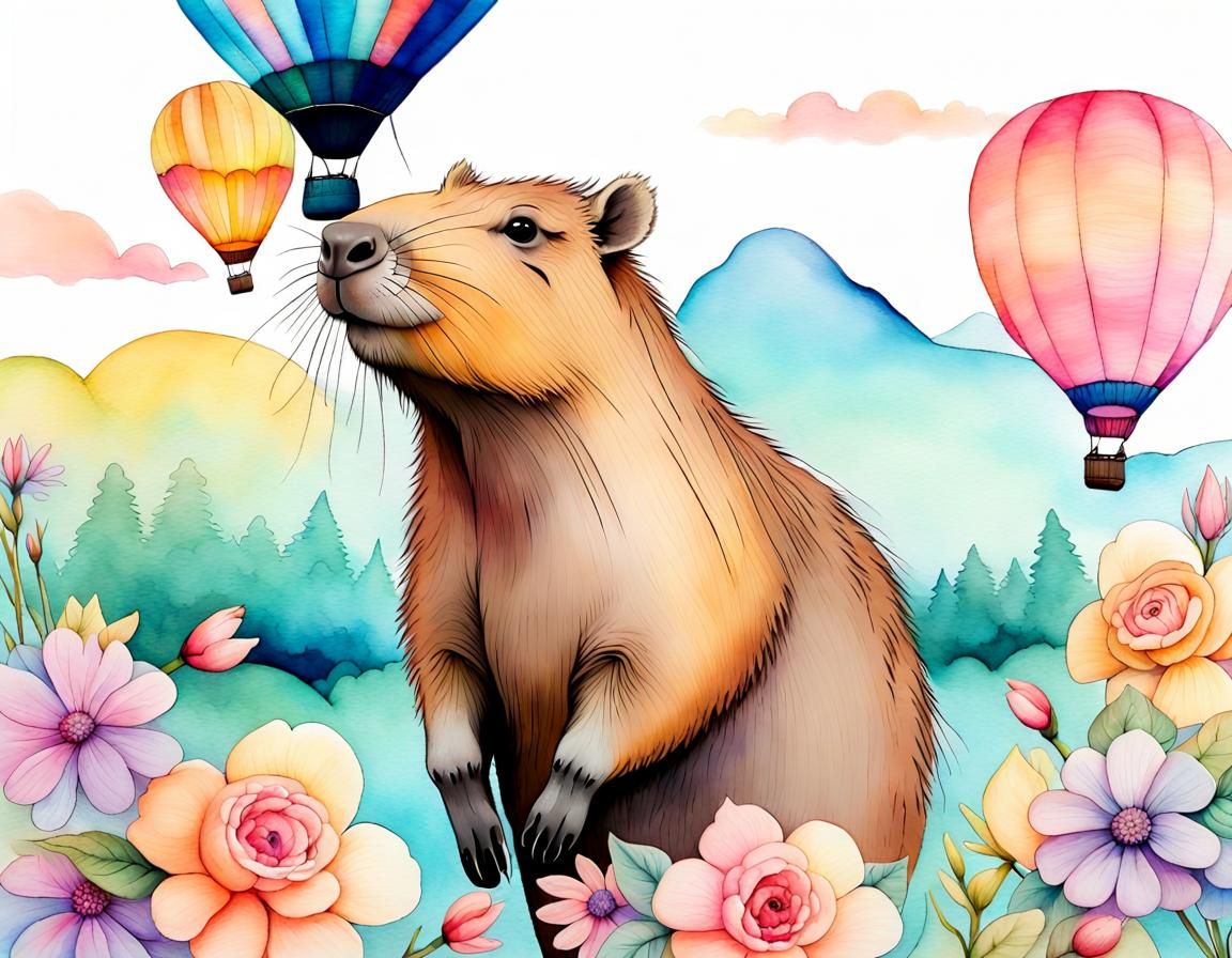 Capybara on a Hot Air Balloon in Watercolour