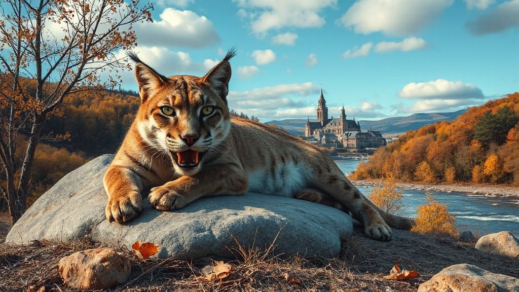 Saber-Toothed Cat in Autumn Landscape, Photorealistic Oil Pa...