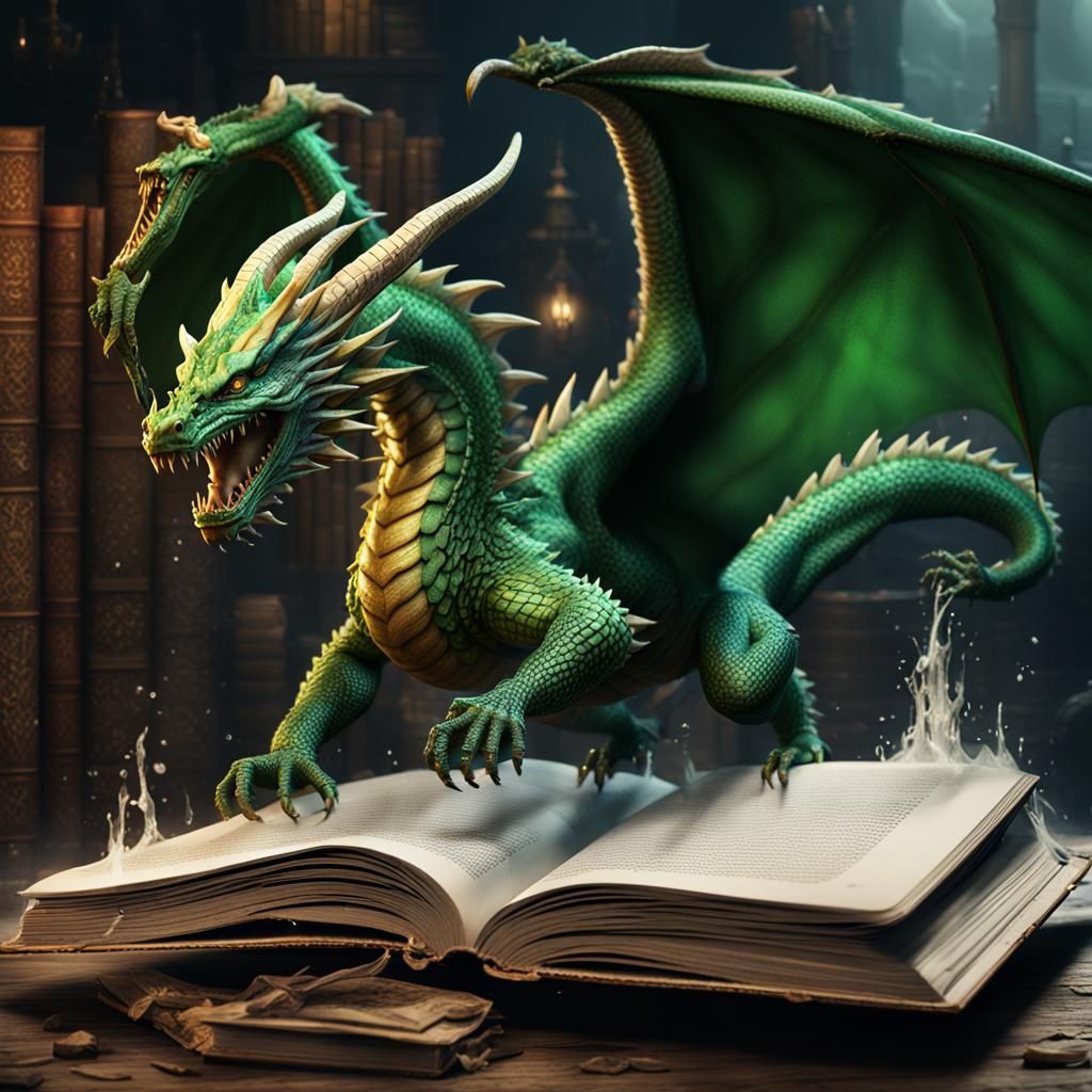 Green Dragon Leaps from Book: Fantasy Art