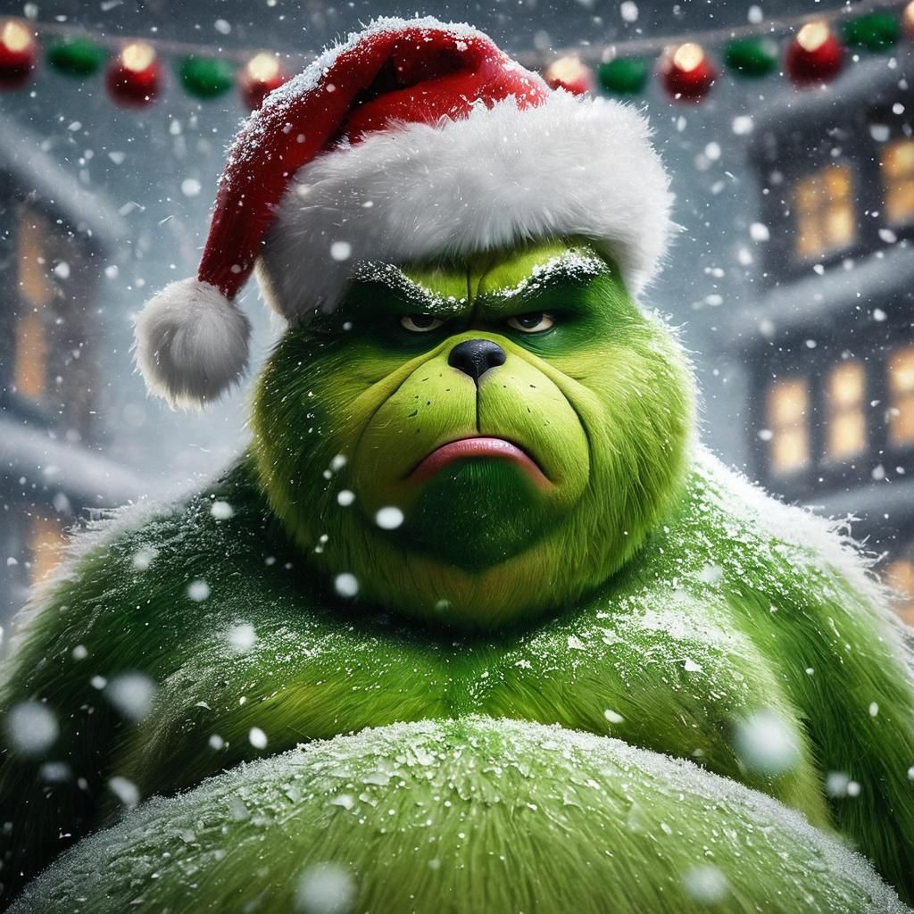 Grinch-like Green Kodiak Bear Scowls in Snowy Christmas Chao...