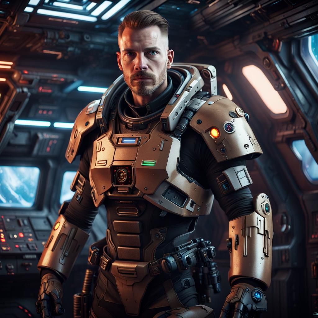 Cyberpunk Space Warrior in Spacecraft with Laser Gun