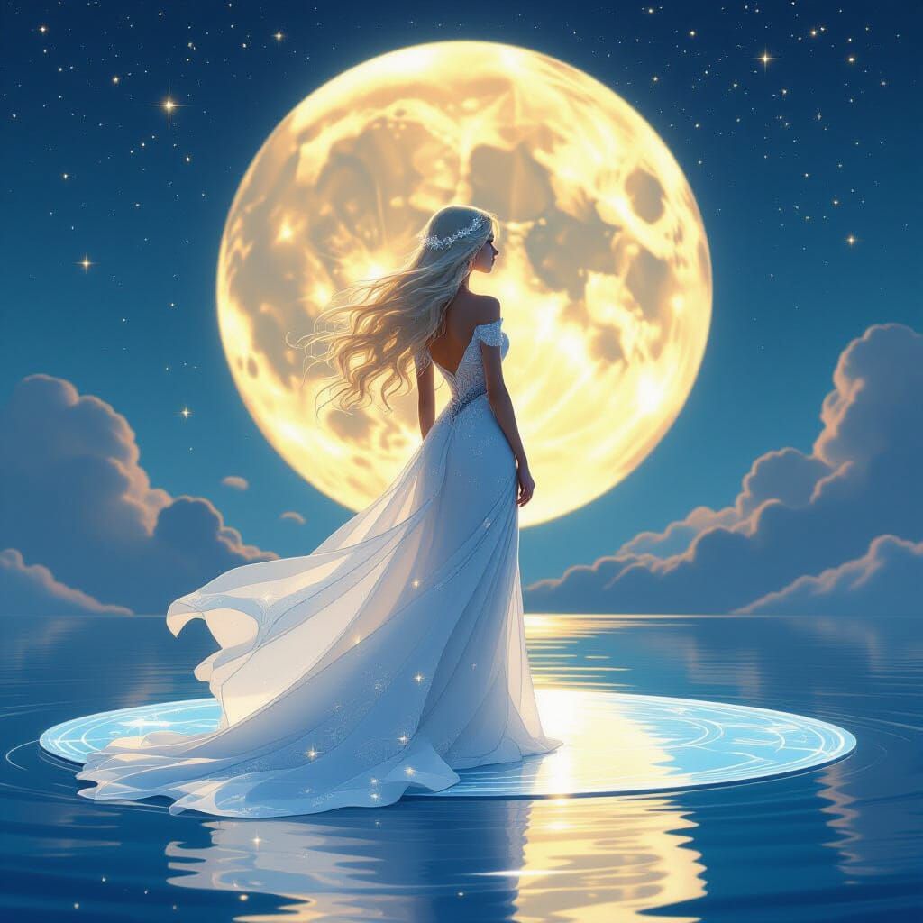 Celestial Maiden on Moonlit Island Gazing at Nebula