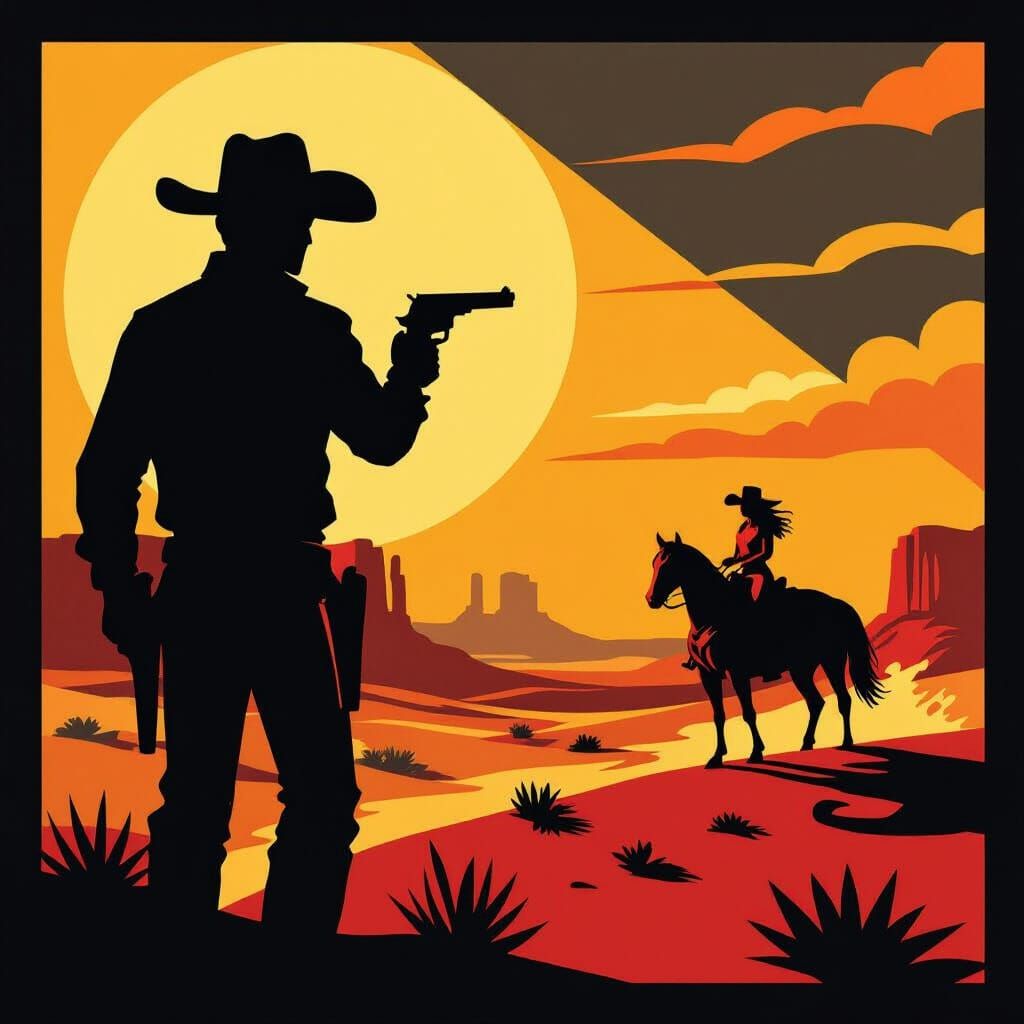 Abstract Cowboy in Shadow, 1960s Western Poster Style