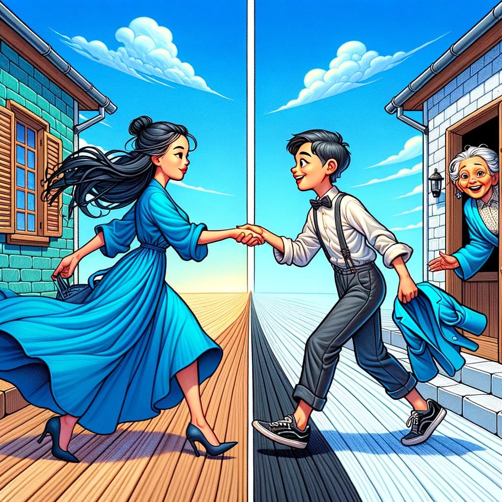 Two-Panel Cartoon of House with People Exchanging Coats