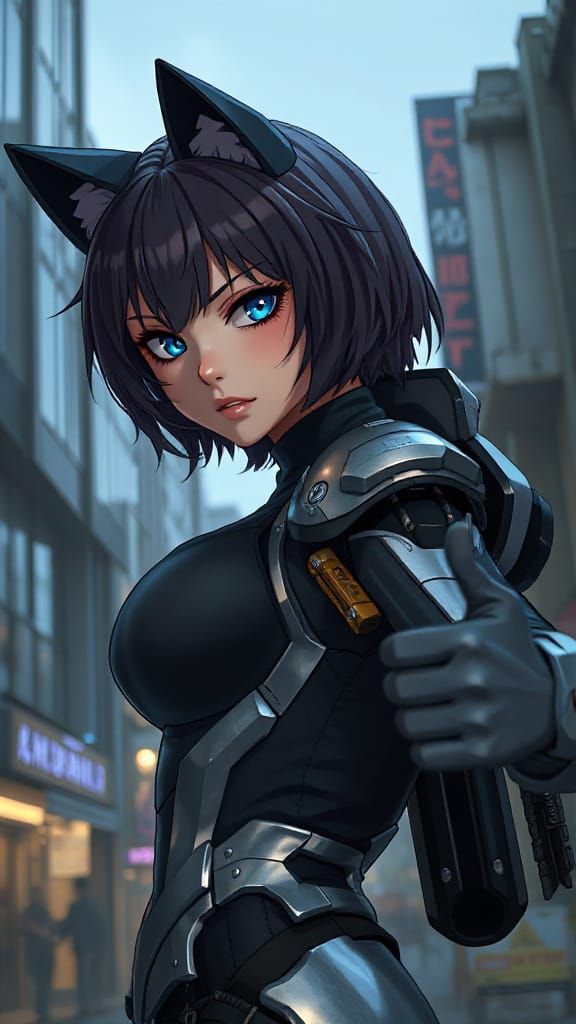 Cyberpunk Mecha-Musume Assassin in Anime Style