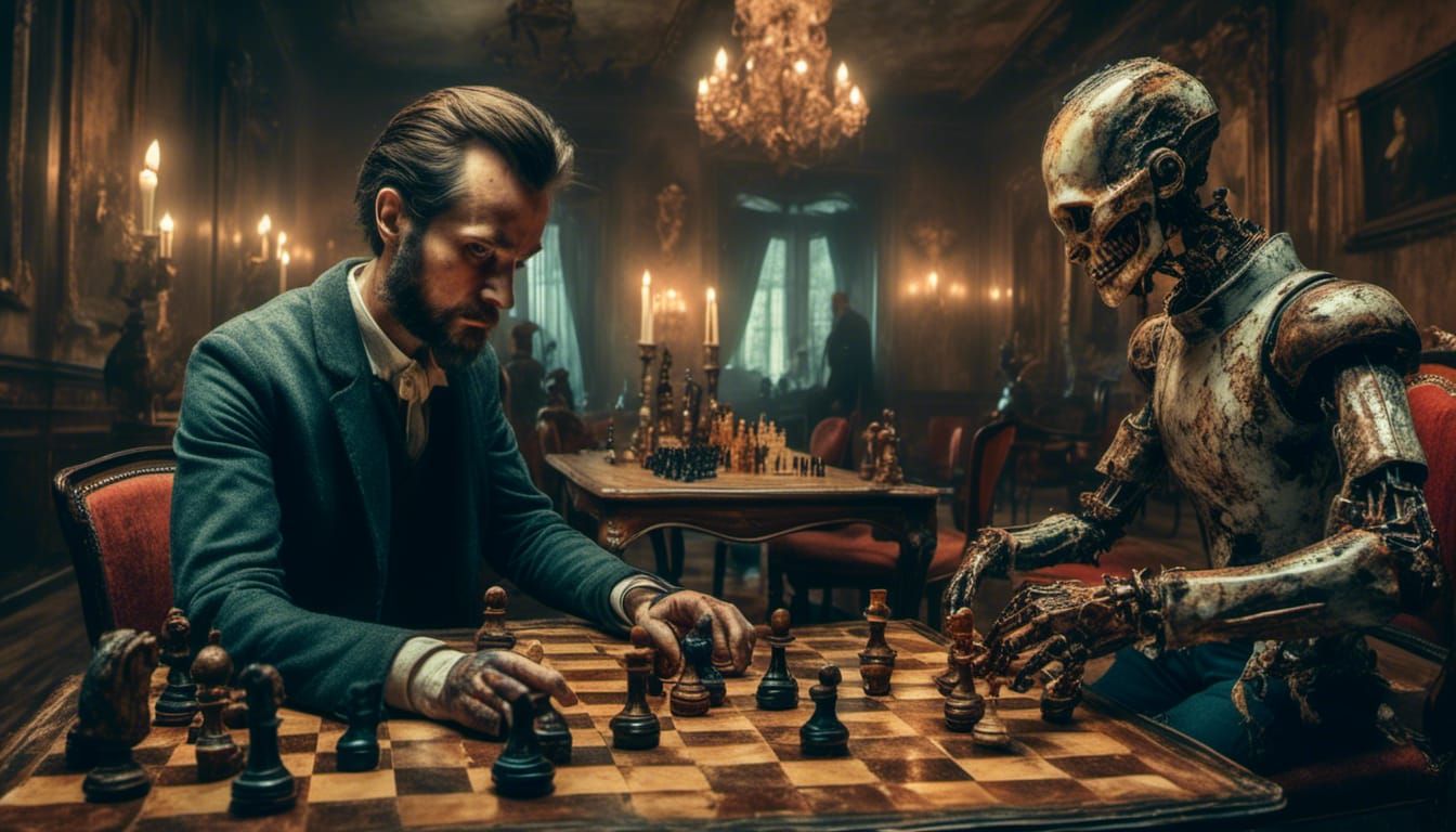 Chess Match: Gentleman vs Robot in Macabre Style