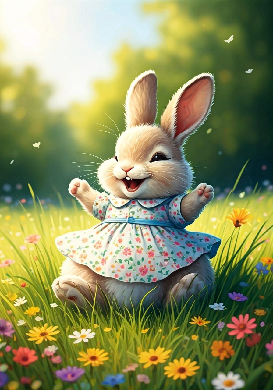 Fluffy Bunny Laughing in Beatrix Potter Style