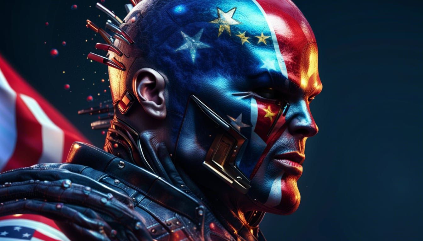 Futuristic US Supervillain with Flag: Hyperrealistic Concept...