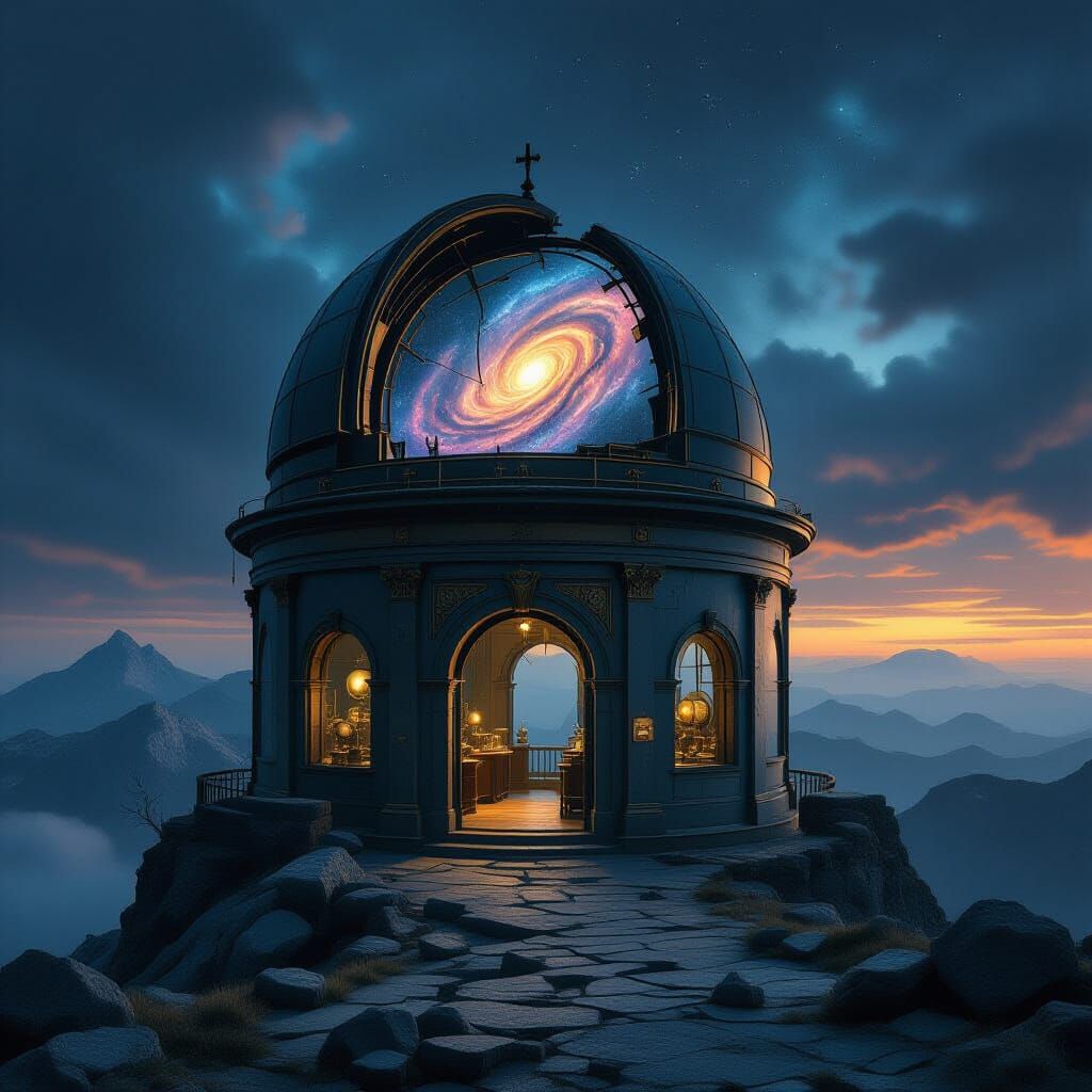 Galaxy Observatory on Mountain Peak: Cosmic Horror Art
