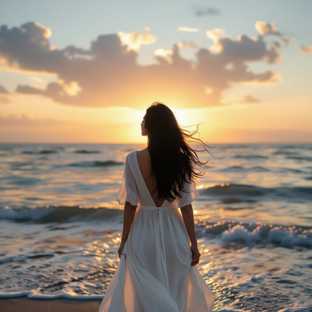 Woman Gazing at Sunset on Shore in Cinematic Style