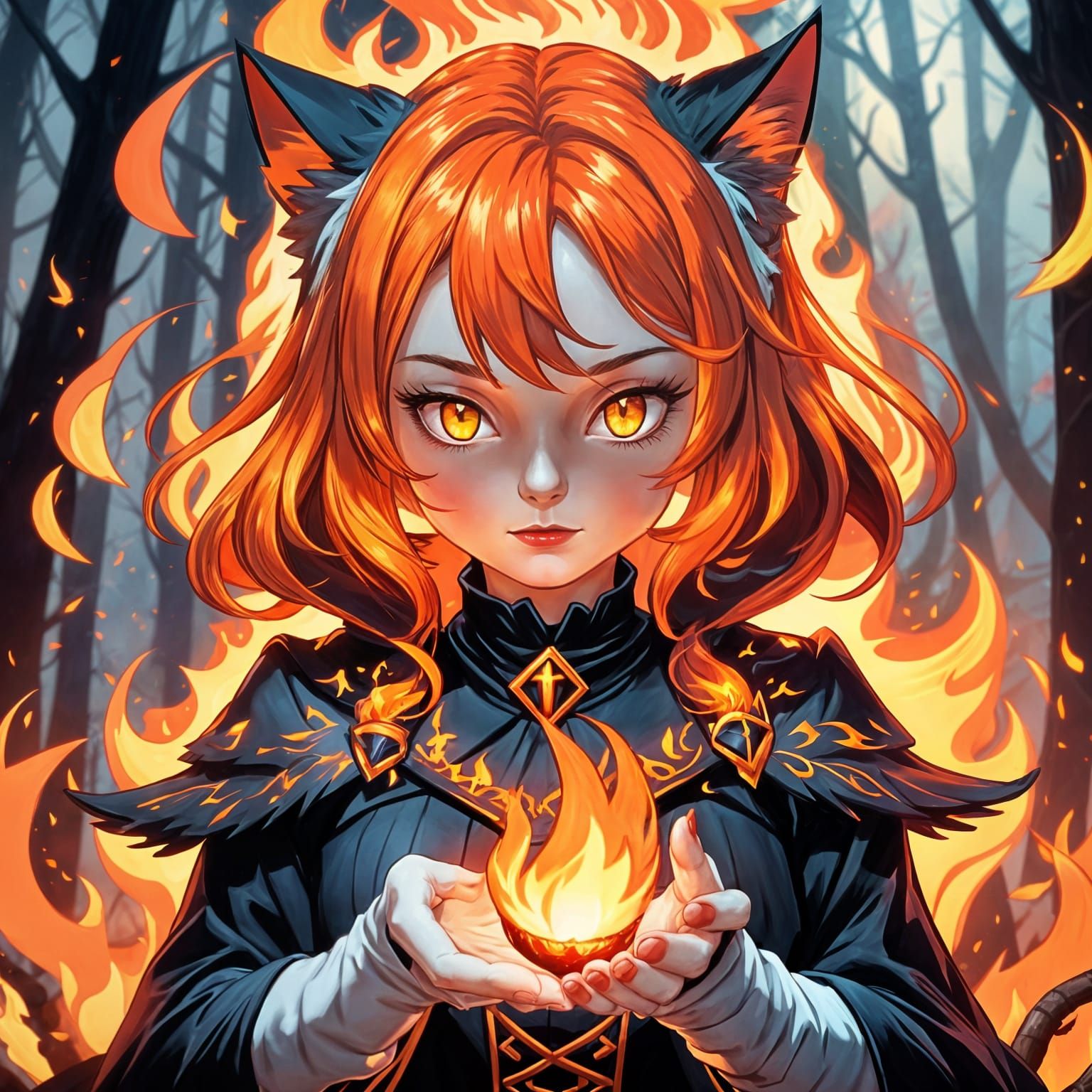 Fiery Cat Girl Witch Casting Magic