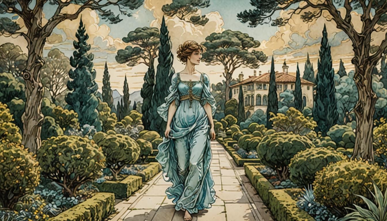 Regal Figure in Greek Garden, Arthur Rackham Style