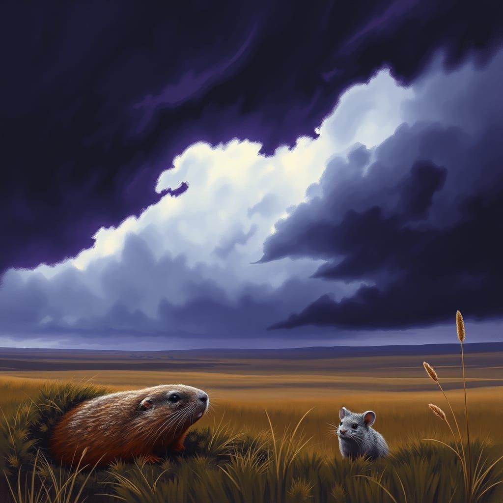 mean black storm clouds with a purple undertone rolling across the plains, a groundhog peeking out from its burrow, a fi...