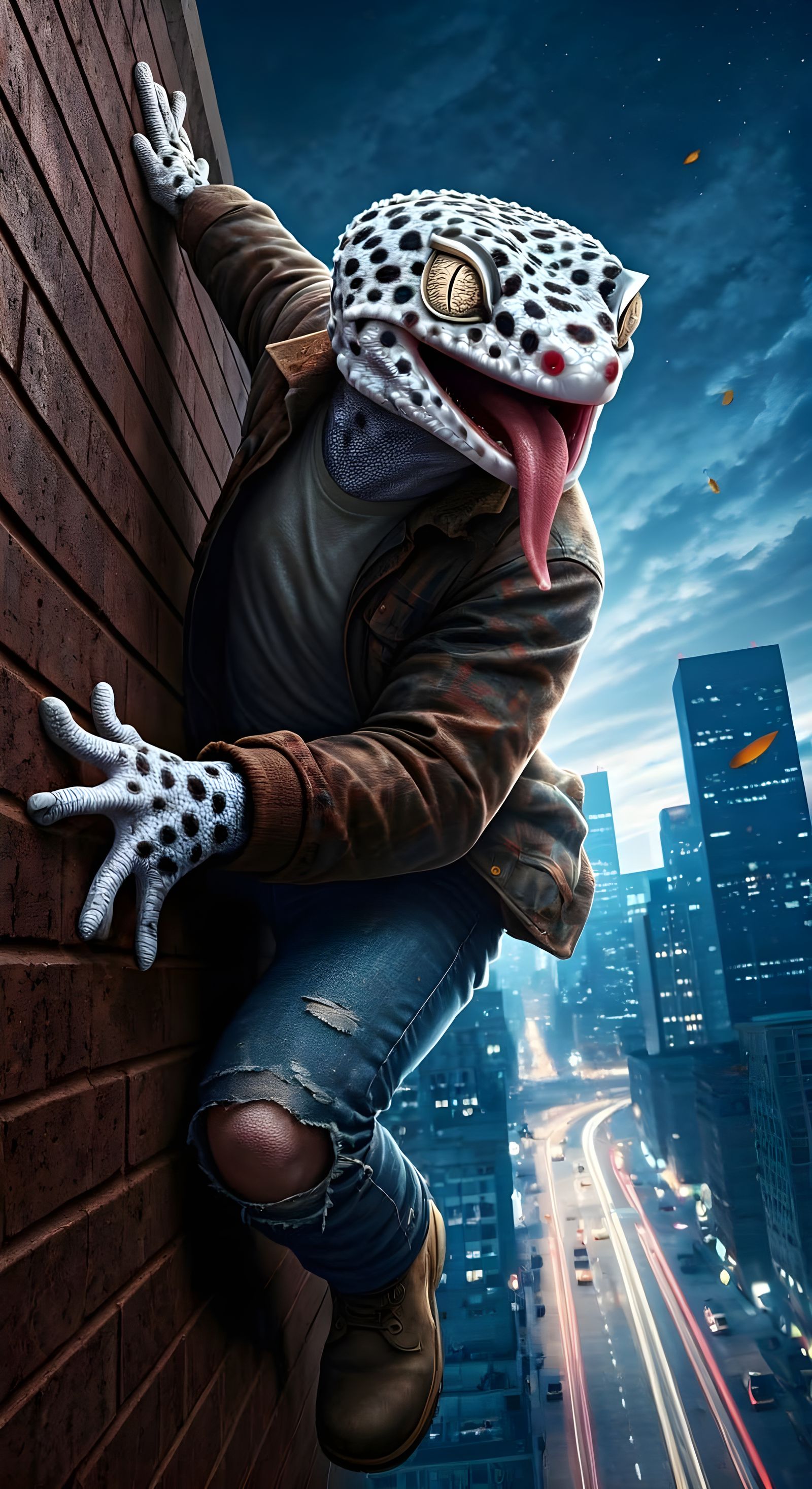 Anthropomorphic Leopard-Gecko Hero Climbs Dark Brick Wall
