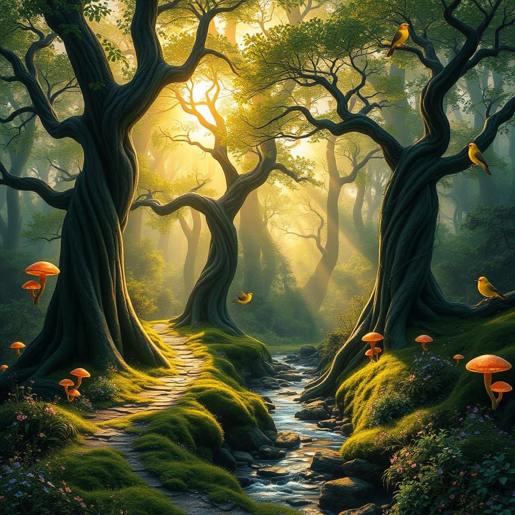 Serene Forest in Golden Morning Light, in a Dreamy, High-Res...