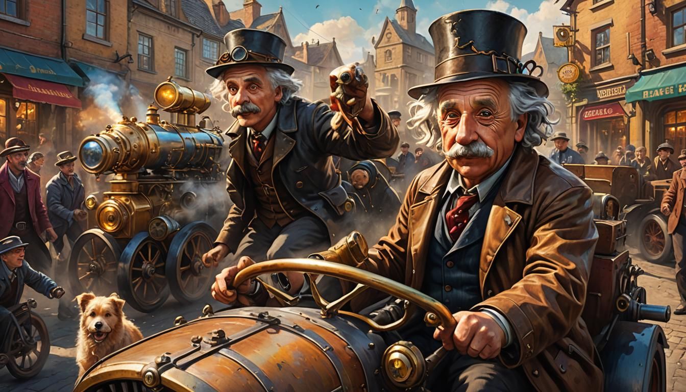 Einstein Drives Steampunk Lorry in Hyperrealistic Art
