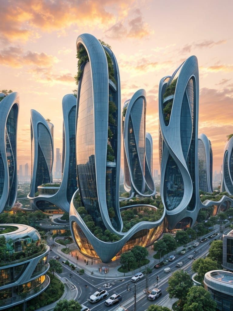 Futuristic Cityscape with Green Skyscrapers at Sunset