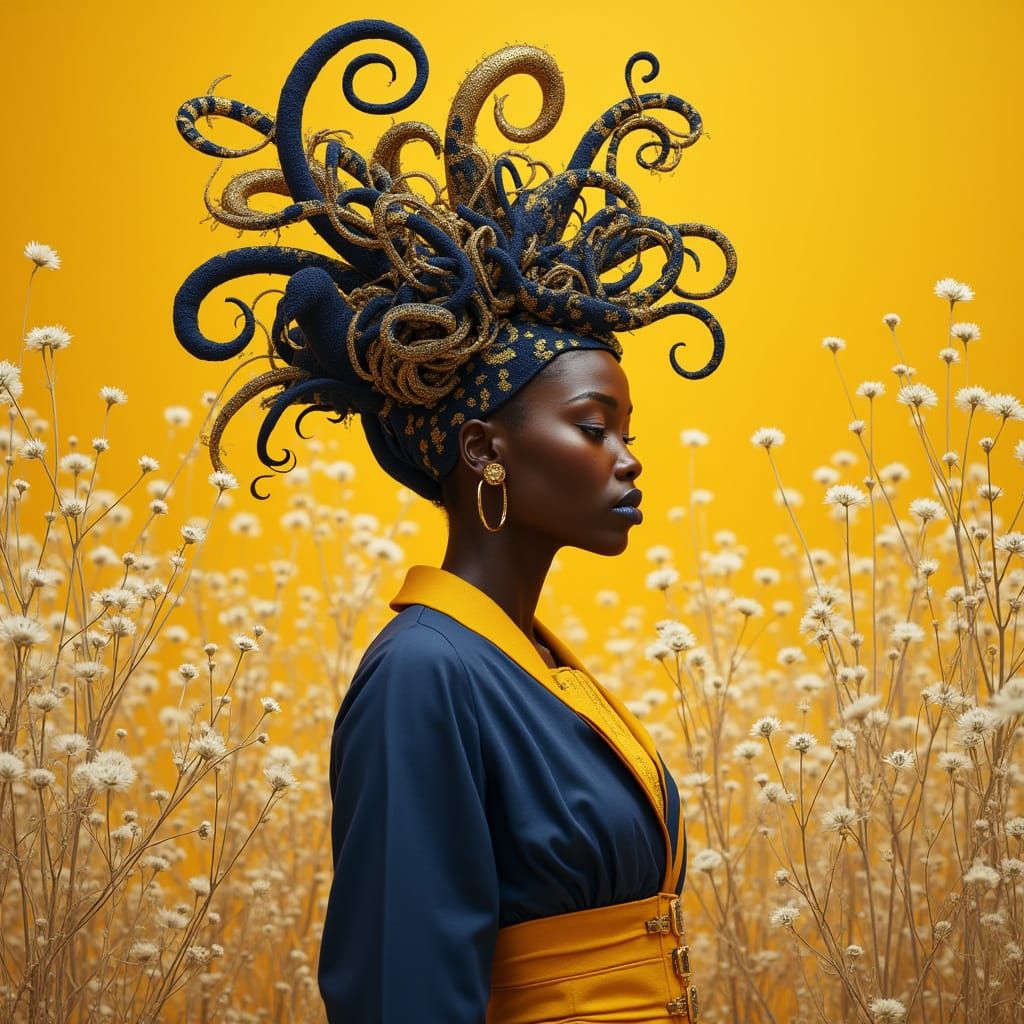 Sleek African Fashionista Poses in Vibrant Mustard Hues with...