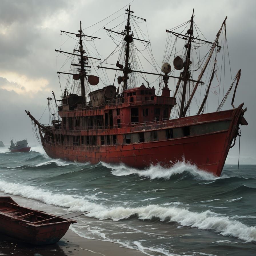 Ornate Red Boat Stranded on Shore: Watercolor Painting