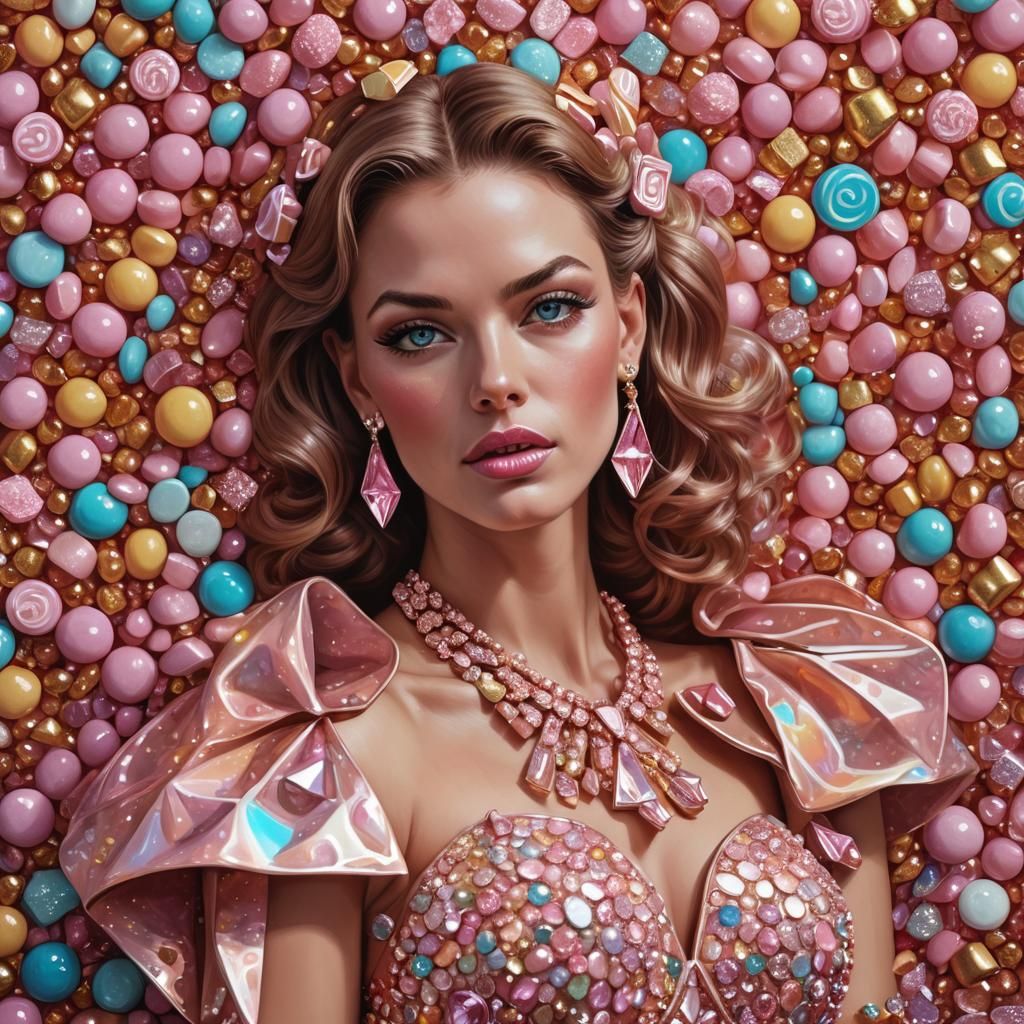 Candy Art Portrait with Pink Diamonds in Art Deco Style