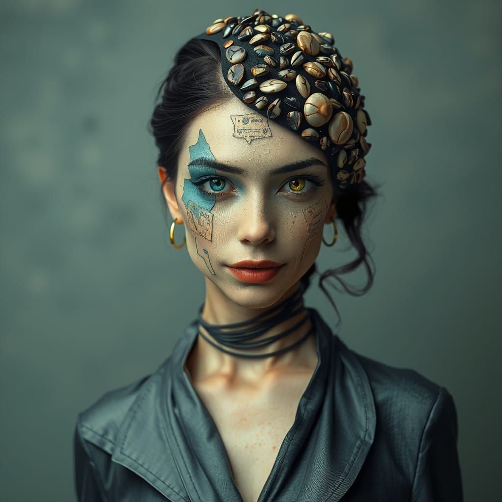 Futuristic Avant-Garde Goddess with Jagged Gown and Cubist F...