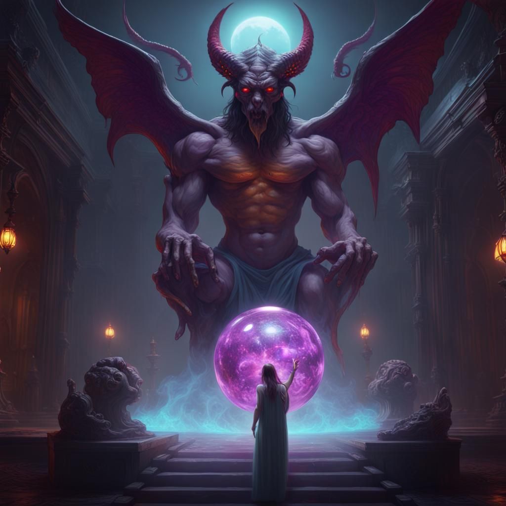 Demon Guardian of Orb in Dark Fantasy Style