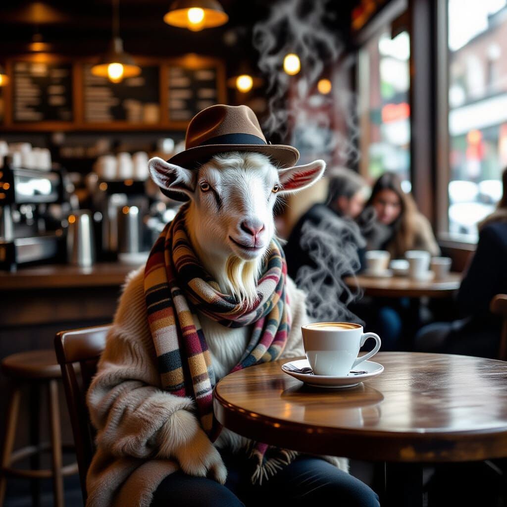 Goat Sipping Coffee in Photorealistic Style