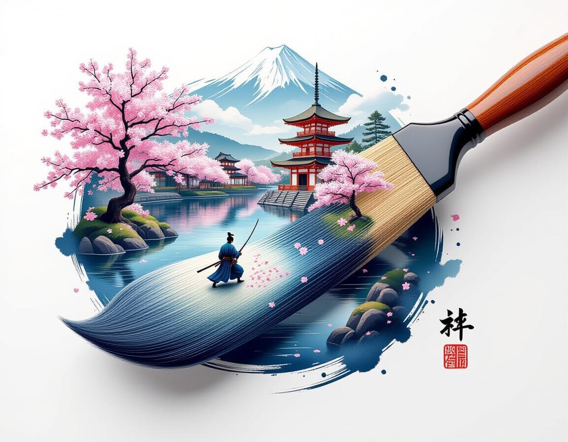Japanese Landscape Inside Calligraphy Brush, 3D Render