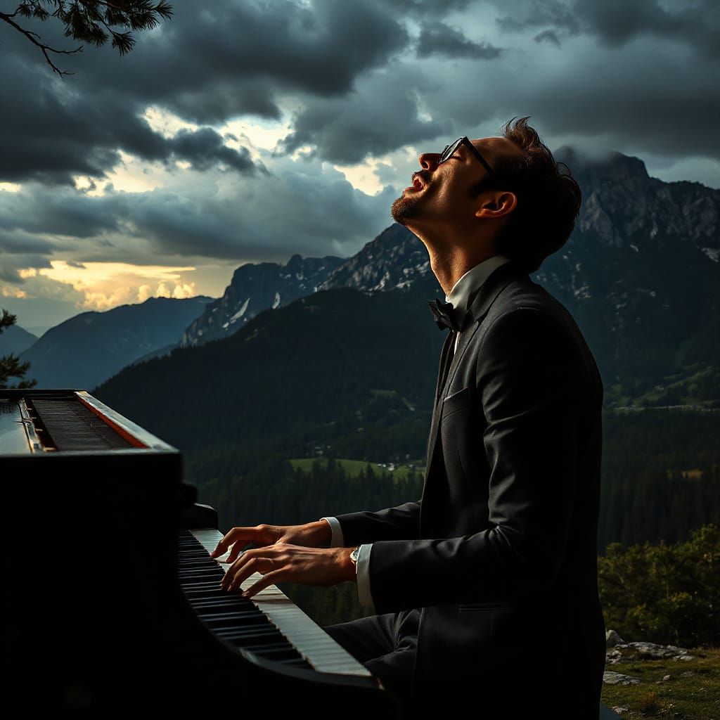 Pianist in Stormy Landscape: A Romantic Vision