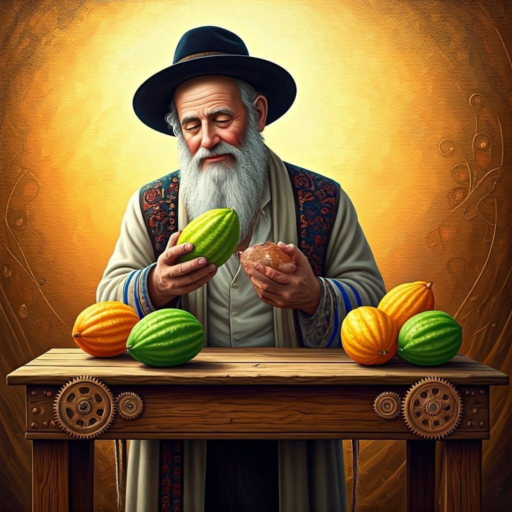 Etrog Examination in Steampunk Folk Art Style