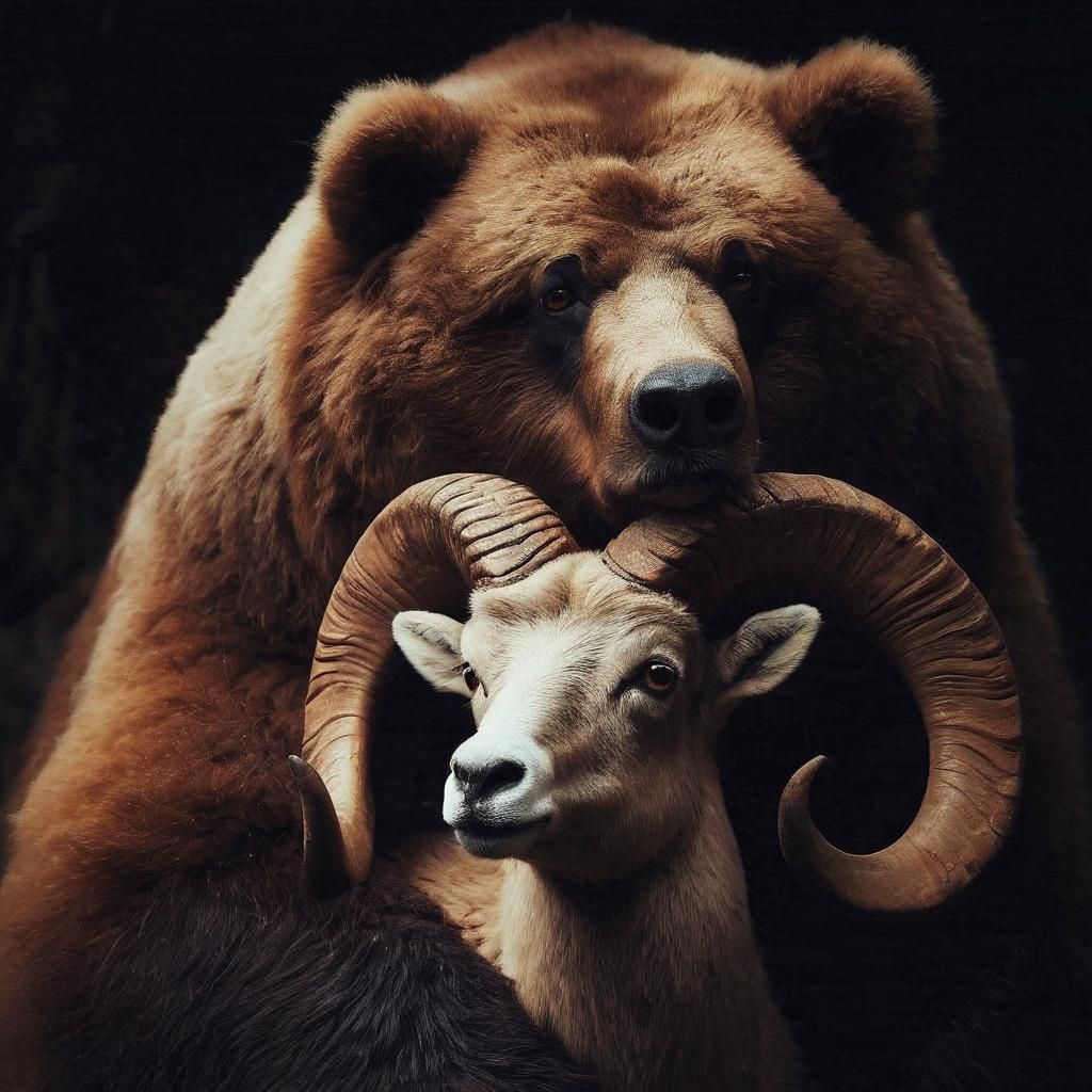 Sympathetic Bear Hugs Ram in Nature Photograph