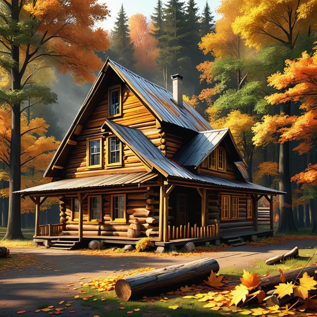 Autumn Log Cabin in Hyperrealistic Splash Art