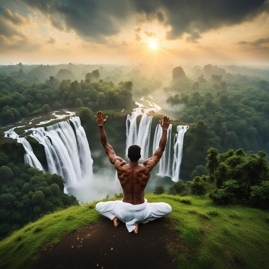 Meditative Yoga Somersault on Hilltop at Sunrise
