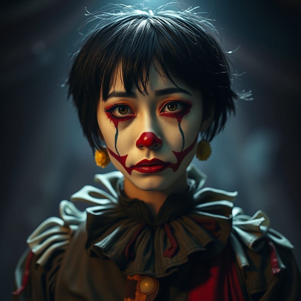Melancholic Chinese Clown Woman in Moody Light
