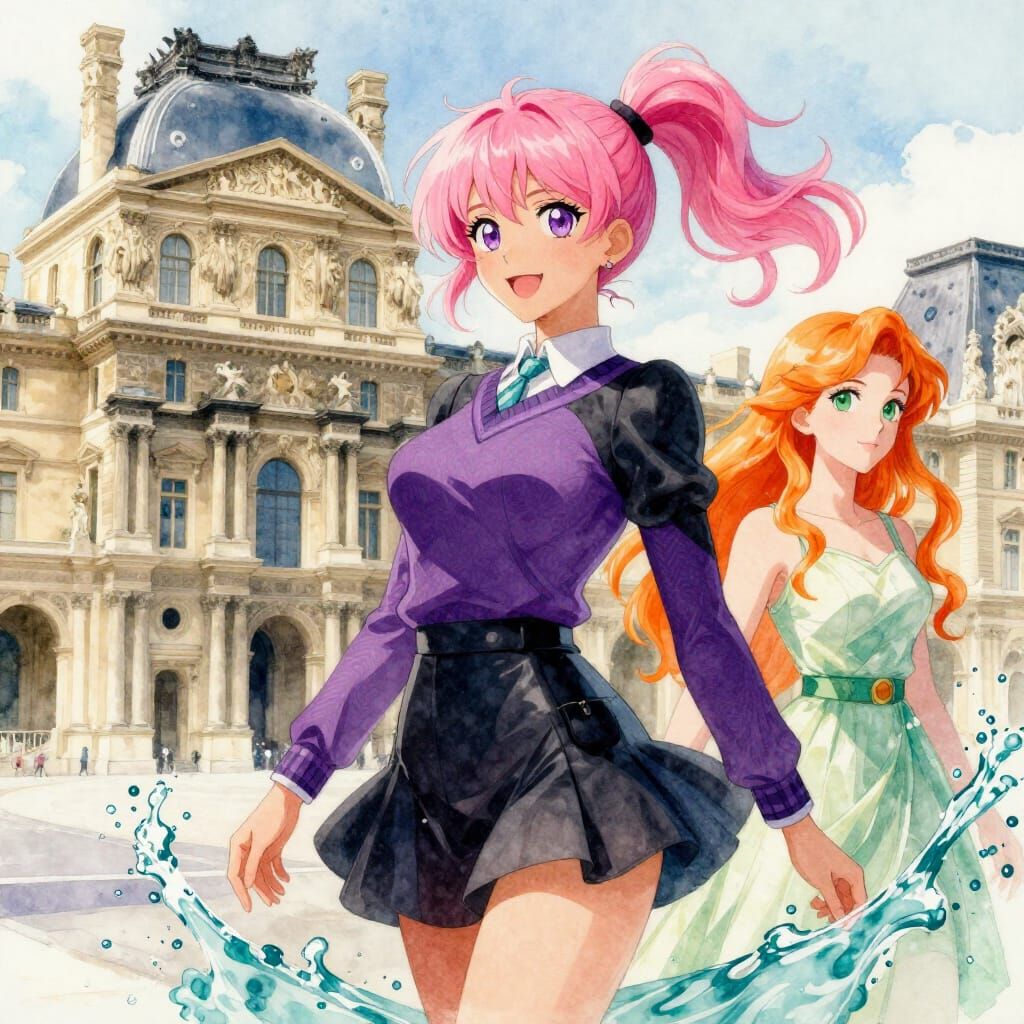 Parisian Exploration: Pink and Orange Haired Women in Louvre