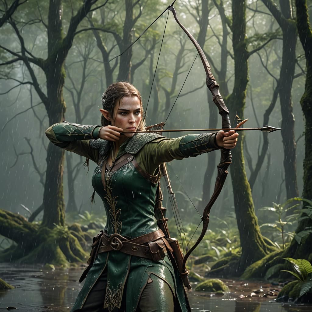 Elven Archer in Rainy Forest: Fantasycore Artwork