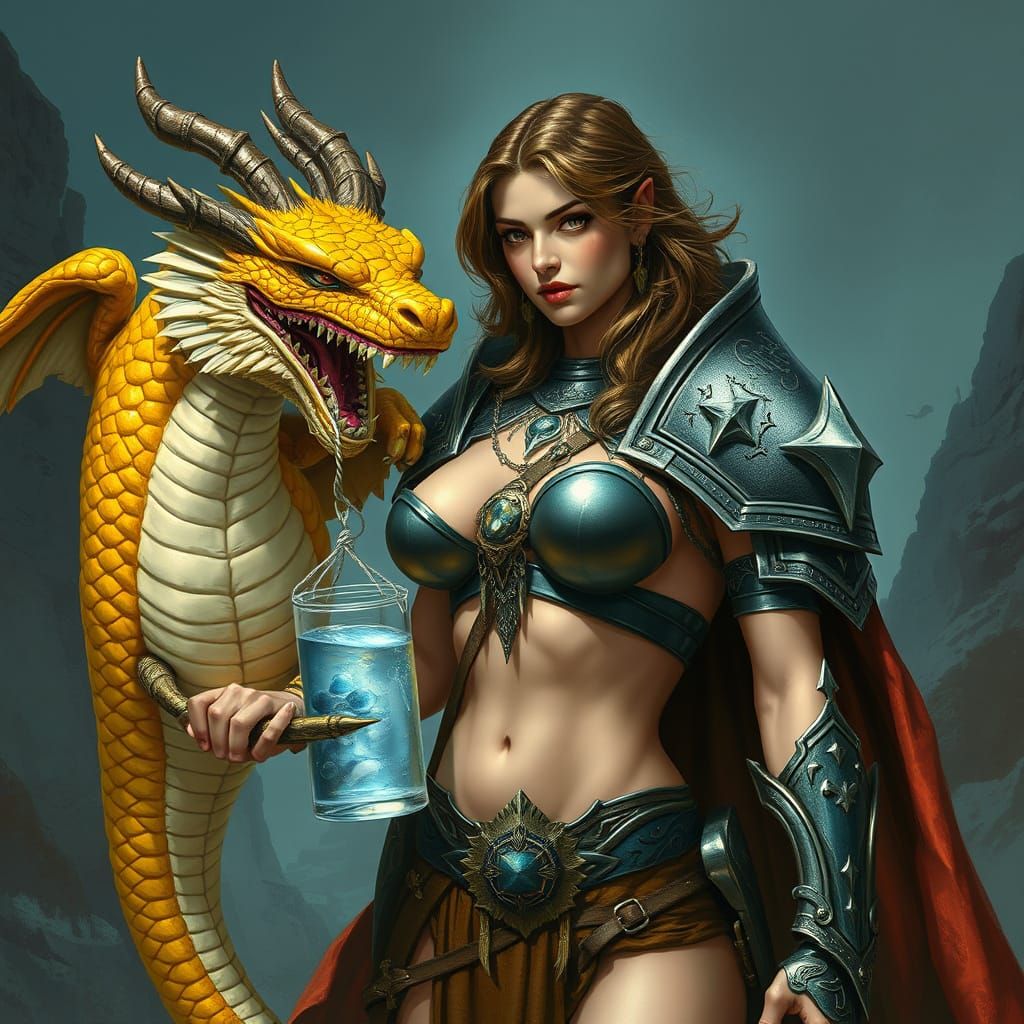 Armored Woman with Holy Water in Fantasy Art Style