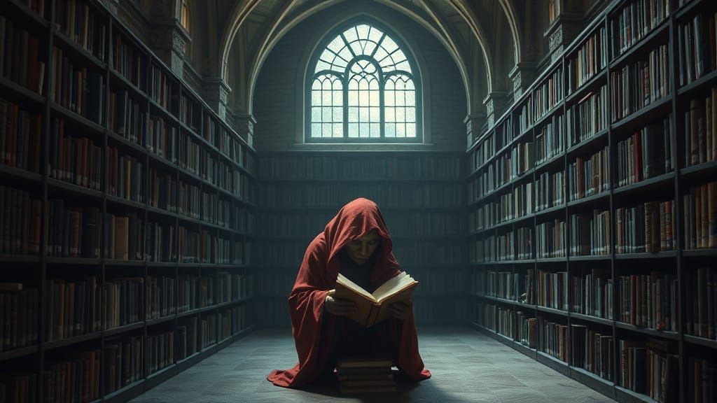 A Creature Seeking Wisdom Among Old Books in a Library