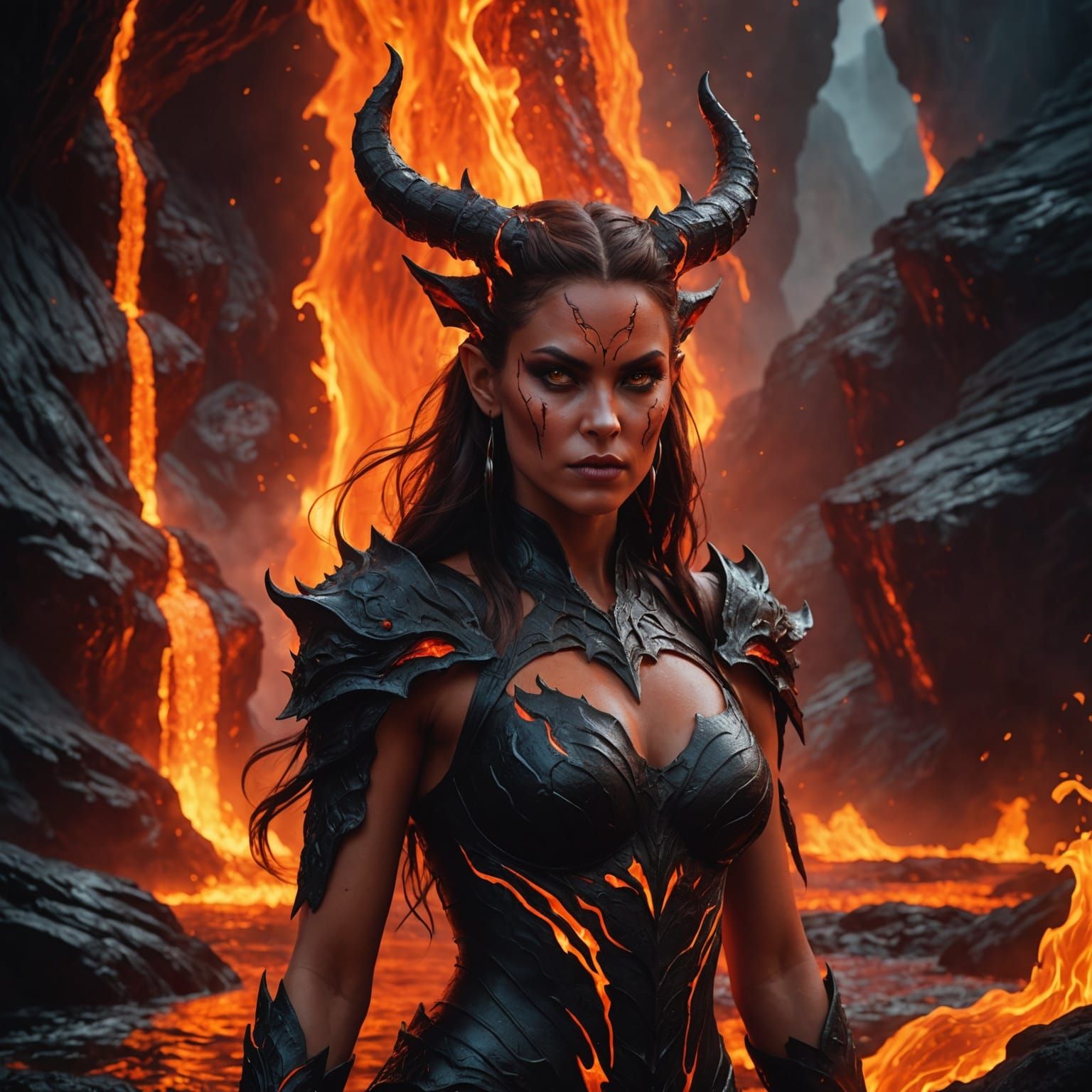 Lava She-Devil with Demons in Fantasy Art