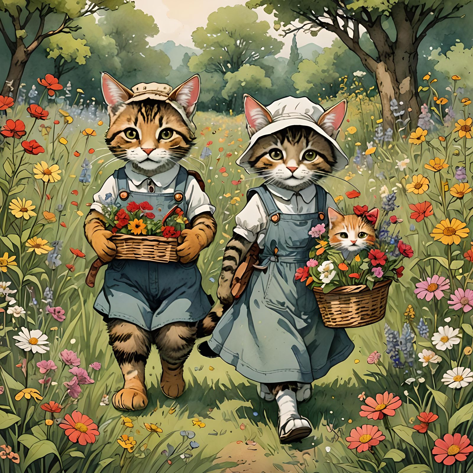 Anthro Cats' Sunny Picnic Among Wildflowers