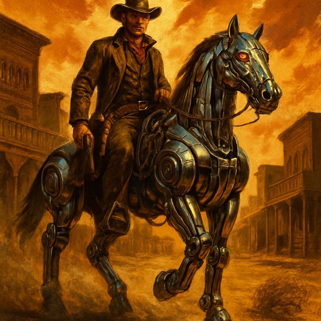 Cowboy Rides Chrome Horse in Wild West Sunset