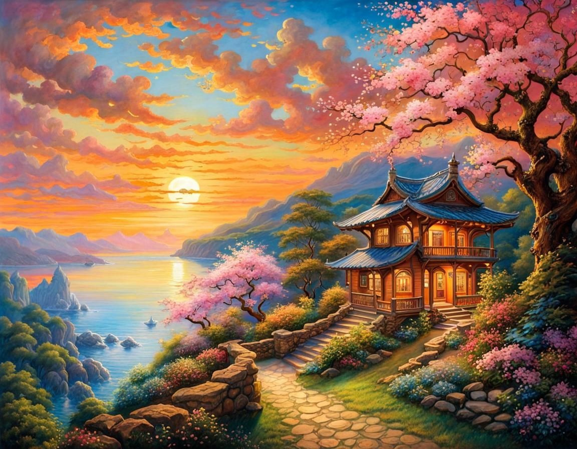 Hyperrealistic Japanese Landscape Watercolor Painting