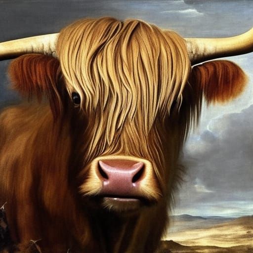 Highland Cow Portrait in Baroque Style