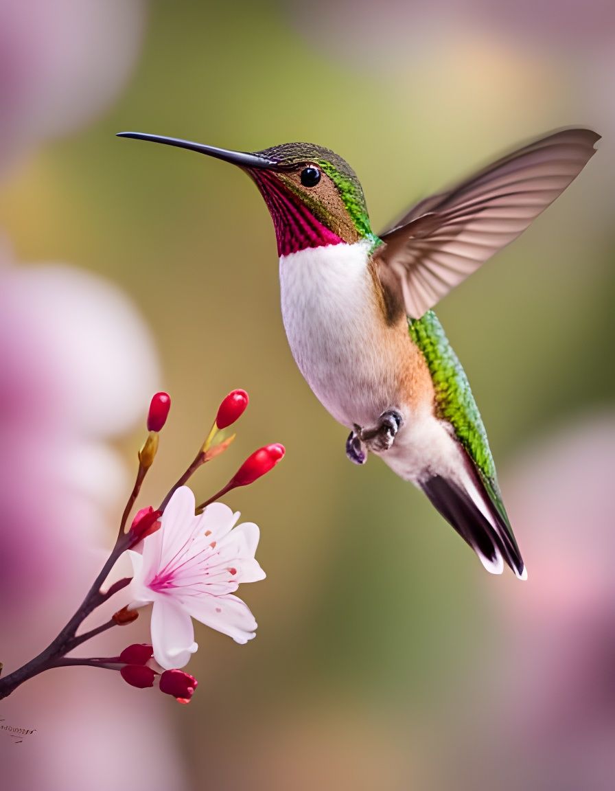 Hummingbird and Cherry Blossom in Sharp Focus