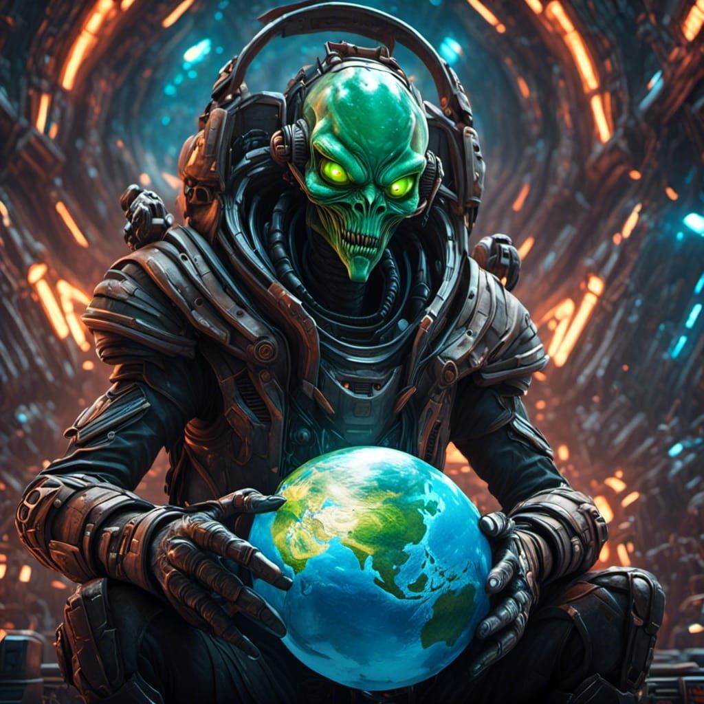 Alien Commander with Earth Globe Anime Portrait
