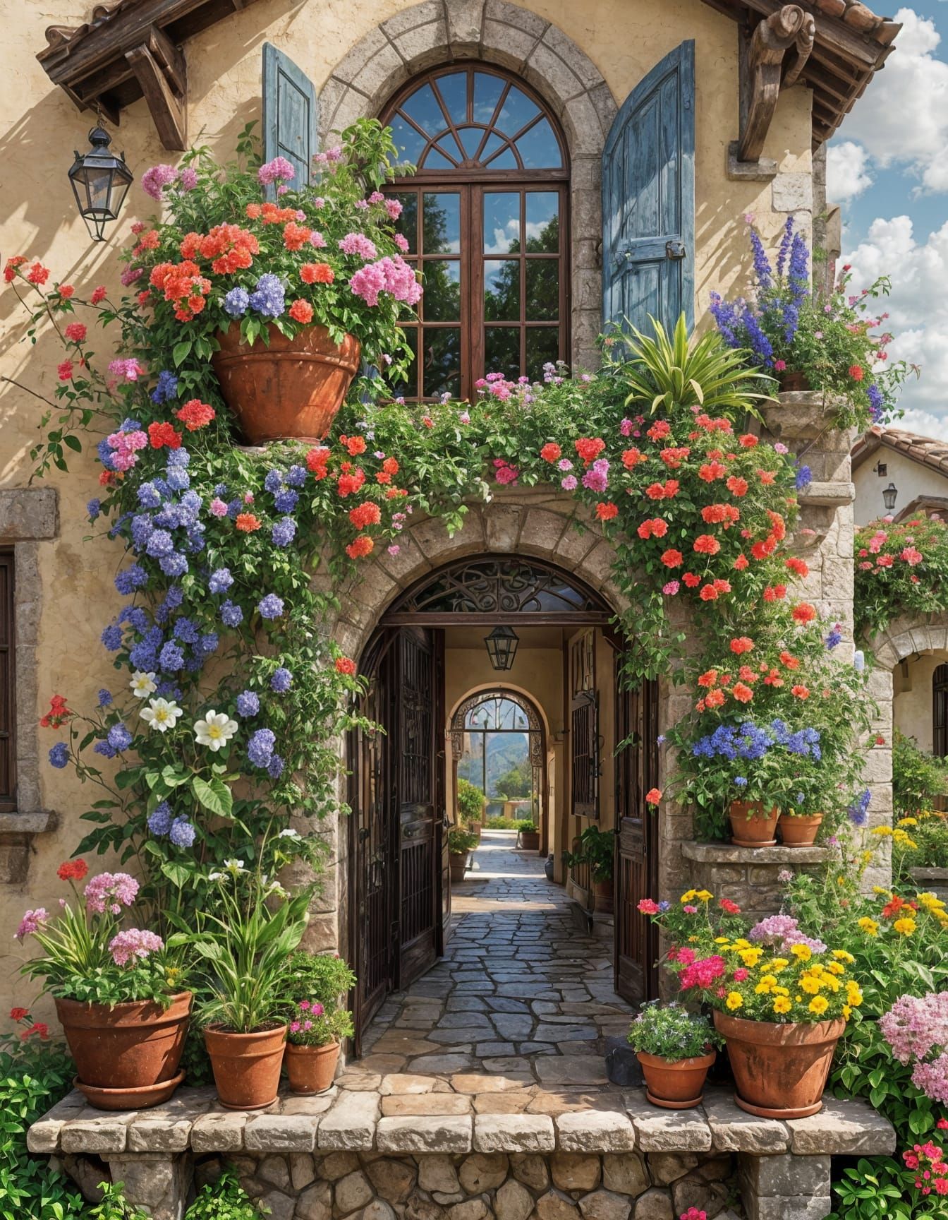 Intricate Ancient House Surrounded by Flowers and Water
